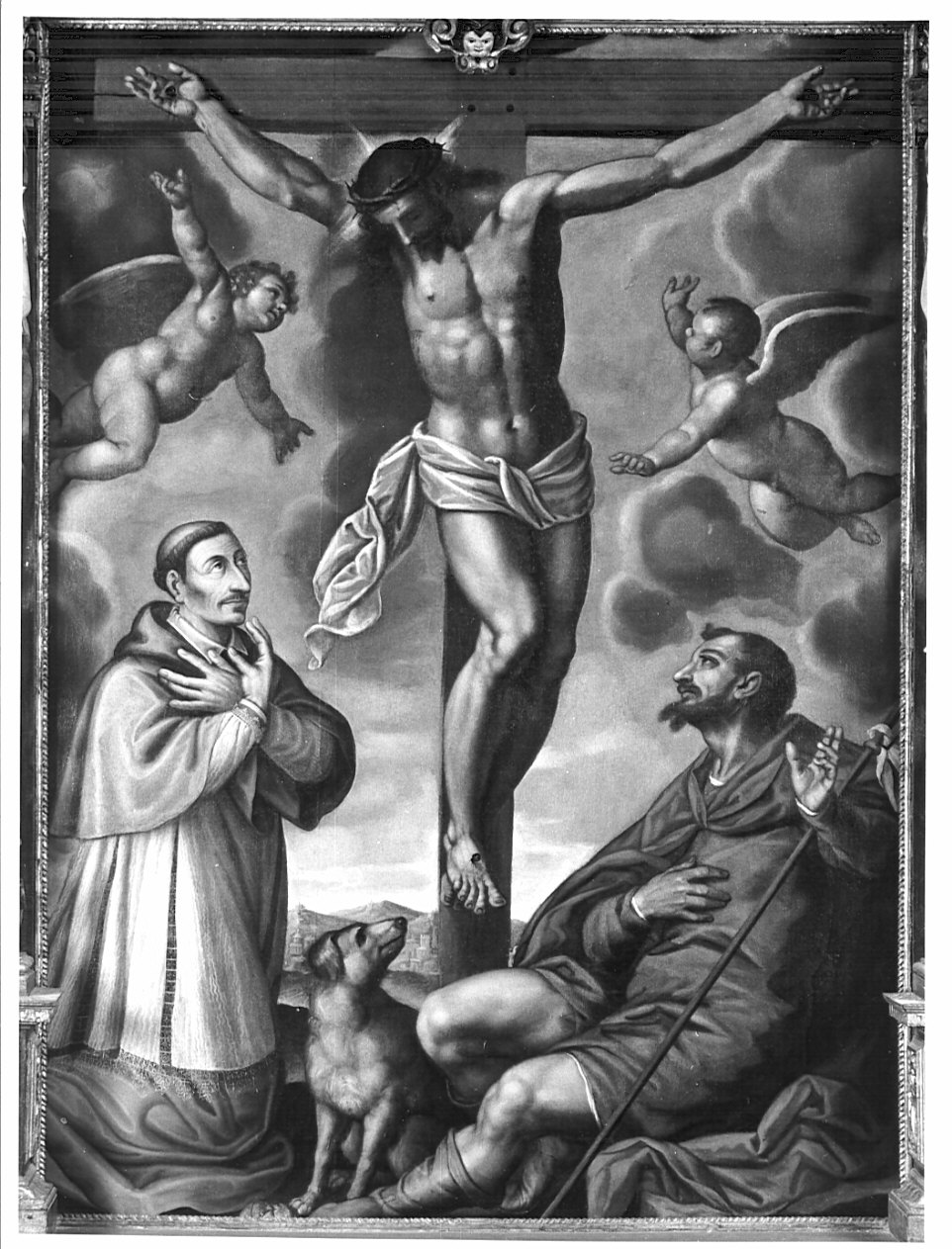 crocifissione di Cristo con San Carlo Borromeo e San Rocco (dipinto, opera isolata) - ambito lombardo (prima metà sec. XVII)