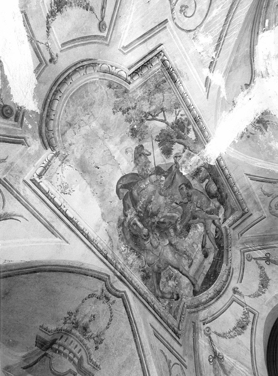 San Martino dona parte del mantello al povero/ motivi decorativi floreali (dipinto, opera isolata) - ambito valtellinese (prima metà sec. XVIII)