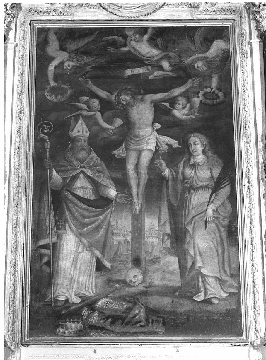 Cristo crocifisso tra San Lucio e Santa Lucia (dipinto, elemento d'insieme) - ambito valtellinese (sec. XVII)