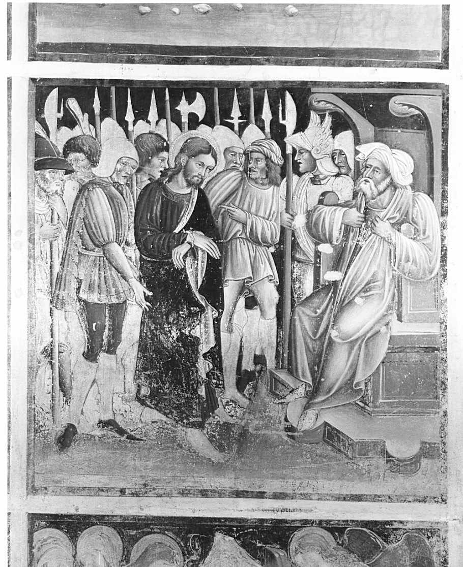 Cristo davanti a Caifa (dipinto, elemento d'insieme) di Borlone Jacopo (attribuito), Busca Giacomo (attribuito) (sec. XV)