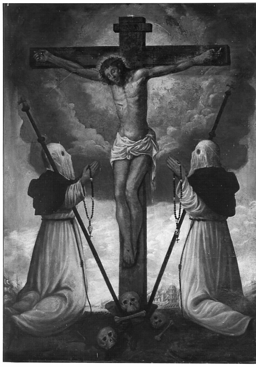 Cristo crocifisso tra disciplini incappucciati (dipinto) di Carpinoni Marziale (attribuito) (secc. XVII/ XVIII)
