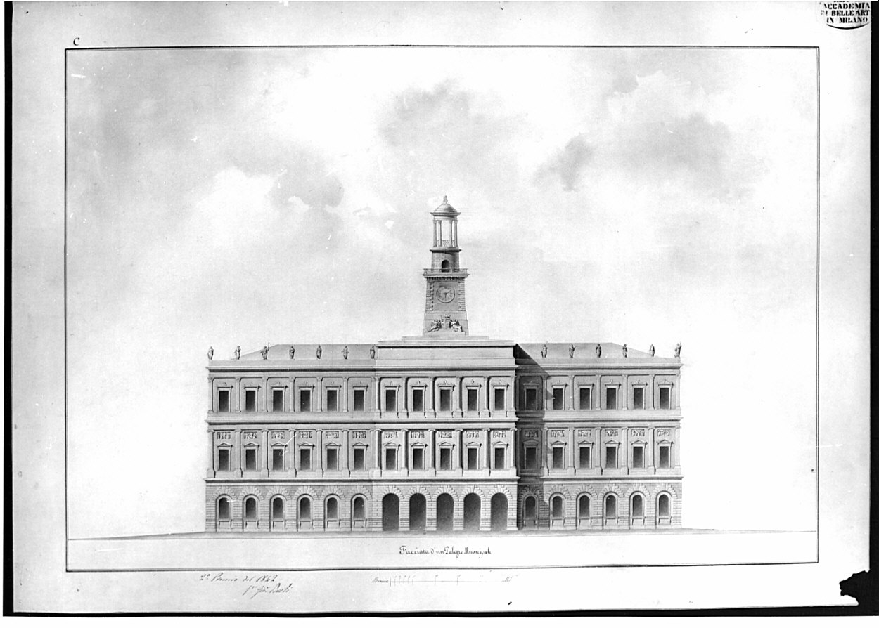 prospetto, architettura: progetto di facciata di un Palazzo Municipale (disegno, opera isolata) di Parodi Gio (sec. XIX)