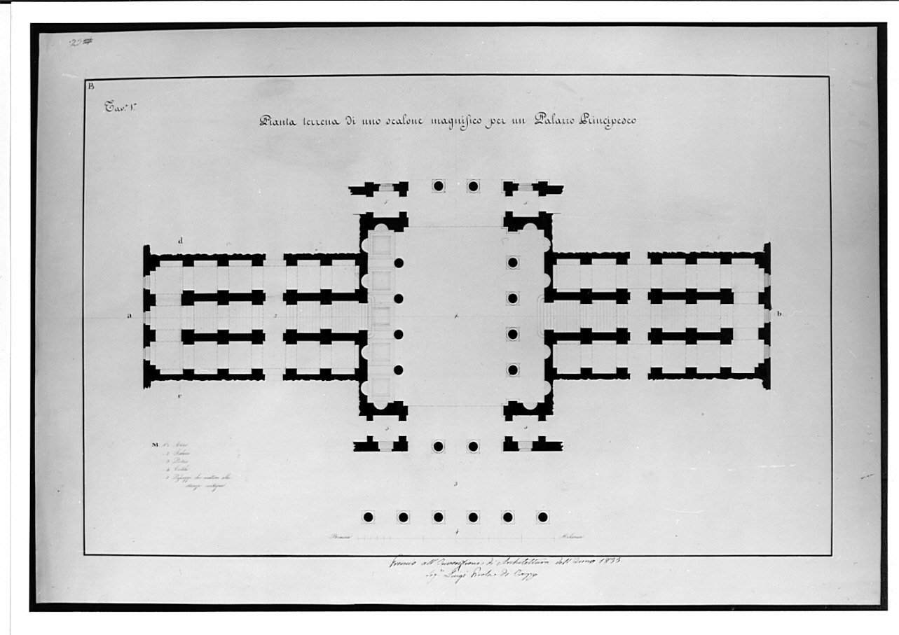 pianta del piano terreno, architettura: progetto di scalone per palazzo principesco (disegno, opera isolata) di Pirola Luigi (sec. XIX)
