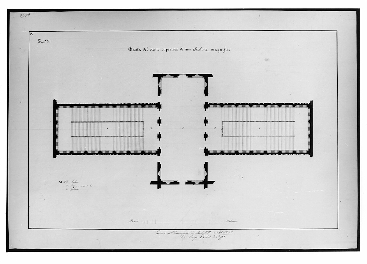 pianta del piano superiore, architettura: progetto di scalone per palazzo principesco (disegno, opera isolata) di Pirola Luigi (sec. XIX)