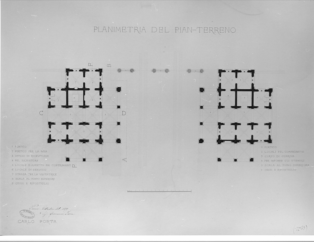 planimetrie, architettura: progetto per barriera daziaria a Milano (disegno, opera isolata) di Faini Giovanni (terzo quarto sec. XIX)
