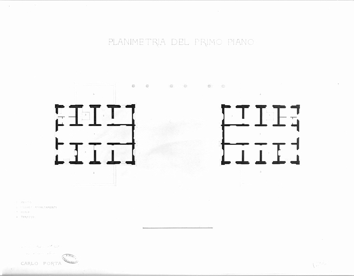planimetria, architettura: progetto per barriera daziaria a Milano (disegno, opera isolata) di Faini Giovanni (terzo quarto sec. XIX)