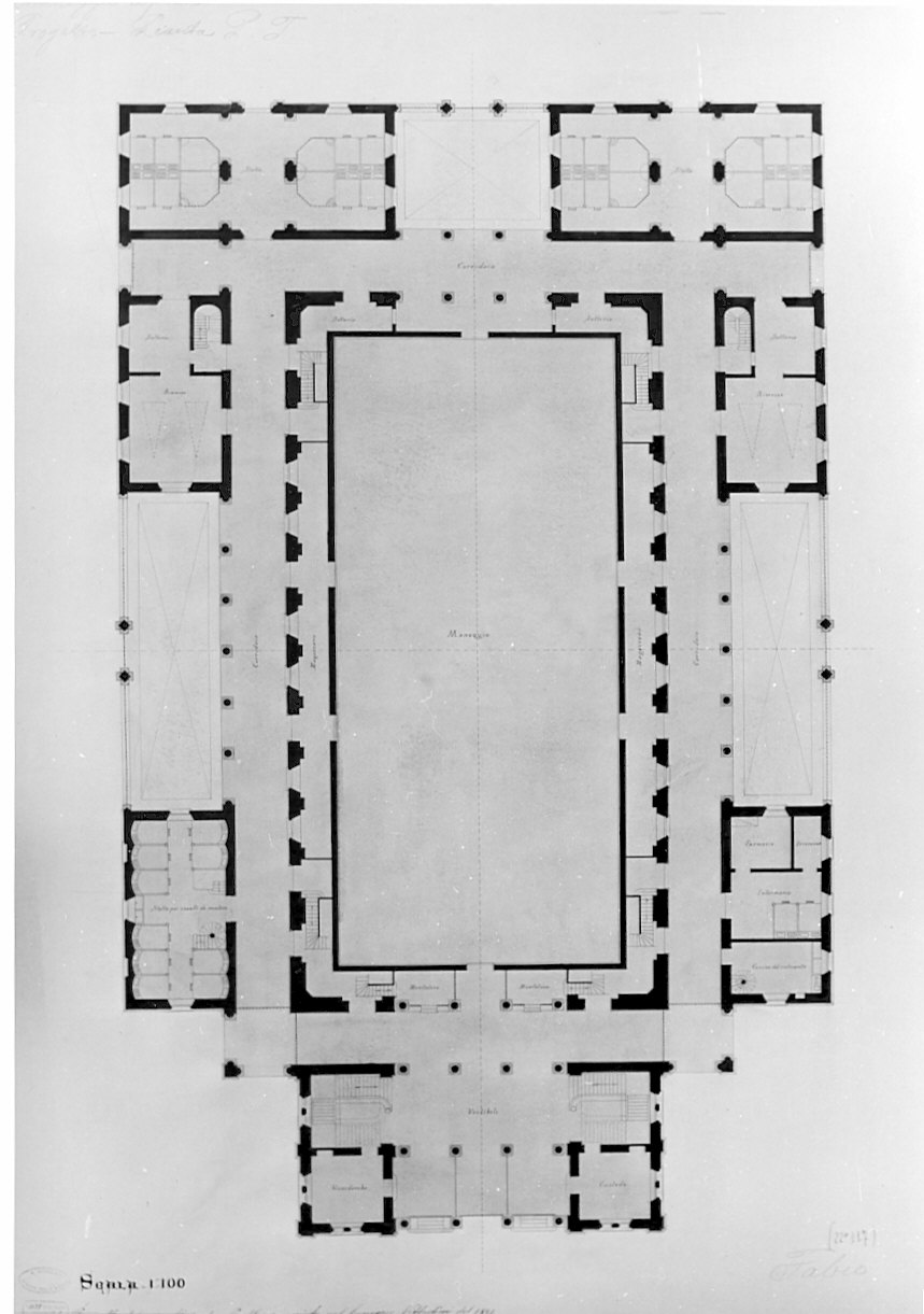 pianta del piano terra, architettura: progetto per un maneggio coperto (disegno, opera isolata) di Puelli Alessandro (sec. XIX)