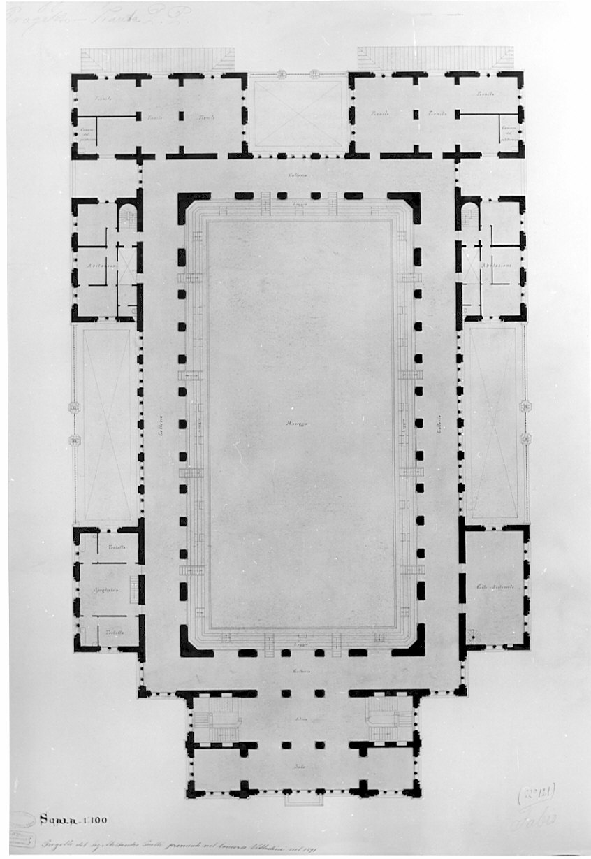 pianta del primo piano, architettura: progetto per un maneggio coperto (disegno, opera isolata) di Puelli Alessandro (sec. XIX)