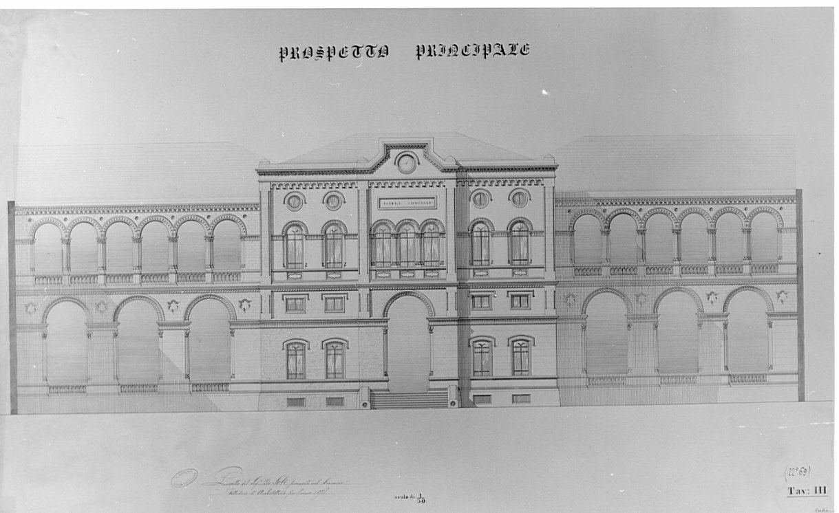 prospetto, architettura: progetto di scuola elementare (disegno, opera isolata) di Soli Pio (sec. XIX)