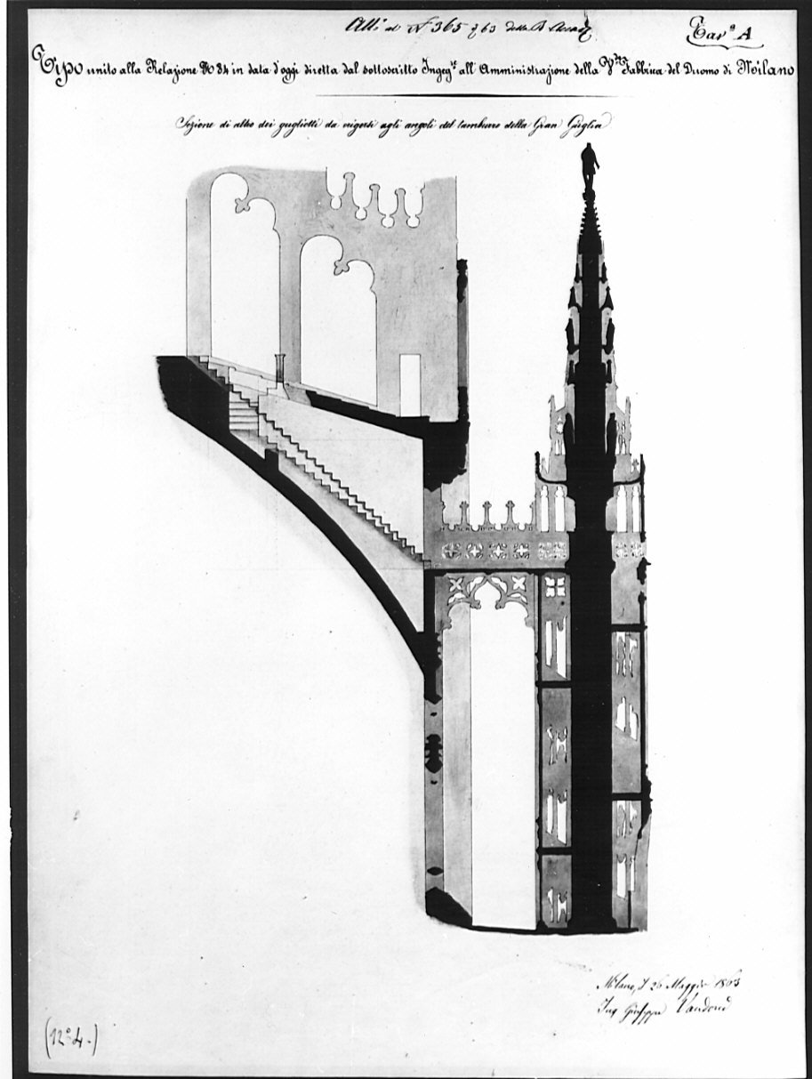 sezione, architettura: progetto di restauro del Duomo di Milano (disegno, opera isolata) di Vandoni Giuseppe (sec. XIX)