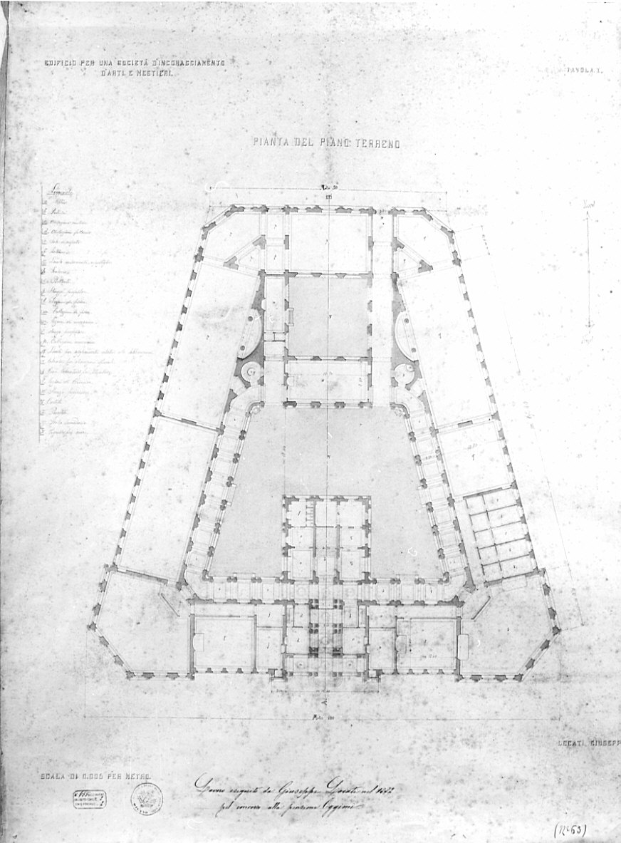 planimetria del piano terreno, architettura: progetto per una società d'Incoraggiamento (disegno, opera isolata) di Locati Giuseppe Sebastiano (sec. XIX)