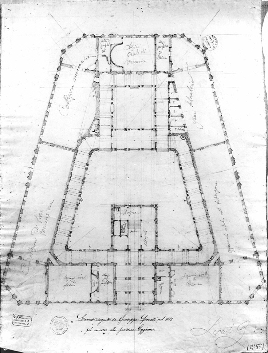 pianta del pian terreno, architettura: progetto per una società d'Incoraggiamento (disegno, opera isolata) di Locati Giuseppe Sebastiano (sec. XIX)