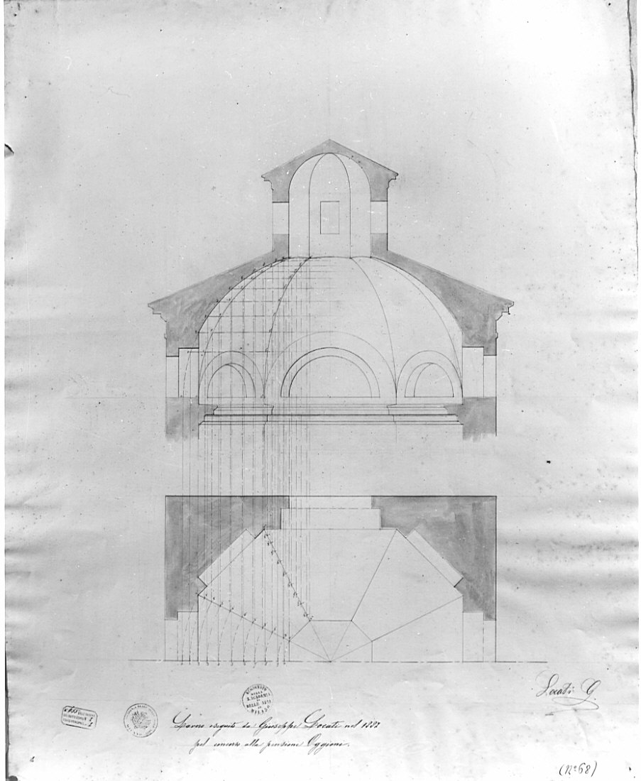 particolare di sezione e pianta di cupola, architettura: progetto per una società d'Incoraggiamento (disegno, opera isolata) di Locati Giuseppe Sebastiano (sec. XIX)