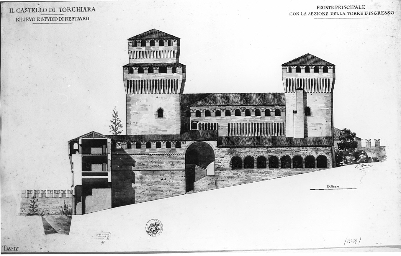 sezione longitudinale, architettura: rilievo e studio di restauro del Castello di Torchiara (disegno, opera isolata) di Muzio Virginio (fine sec. XIX)