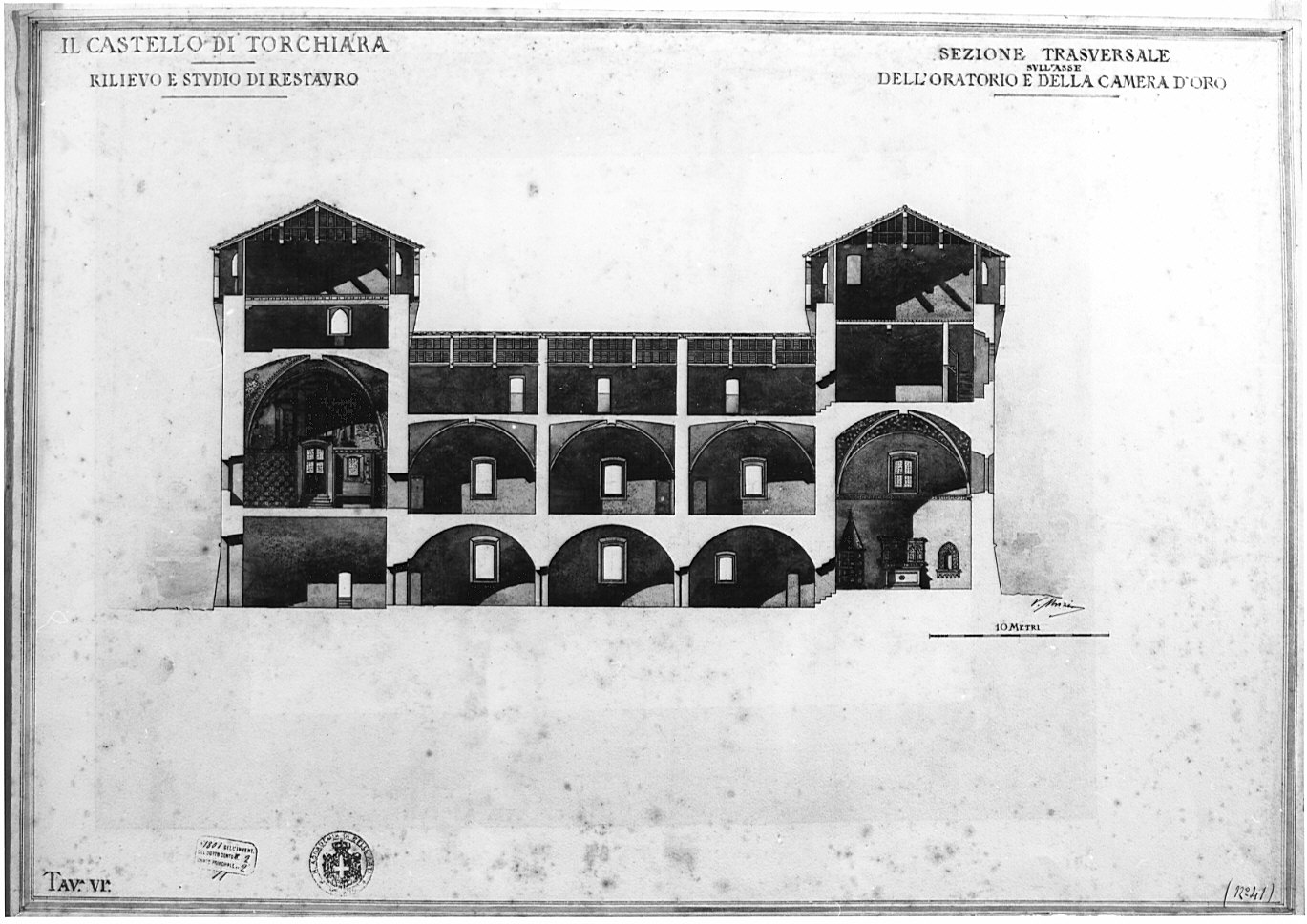 sezione trasversale, architettura: rilievo e studio di restauro del Castello di Torchiara (disegno, opera isolata) di Muzio Virginio (fine sec. XIX)