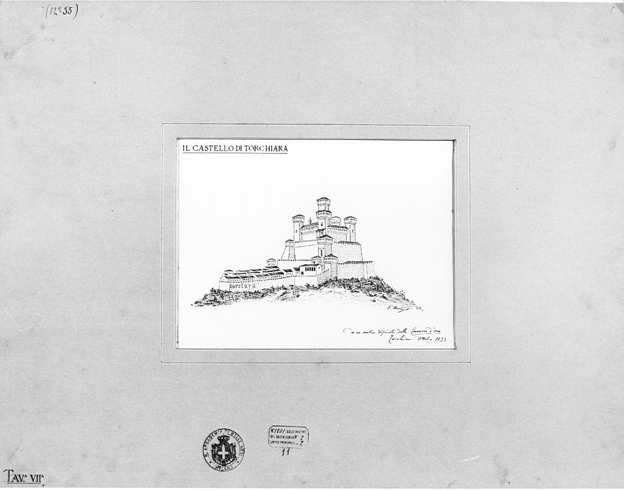 disegno prospettico da dipinto, architettura: Castello di Torchiara (disegno, opera isolata) di Muzio Virginio (fine sec. XIX)
