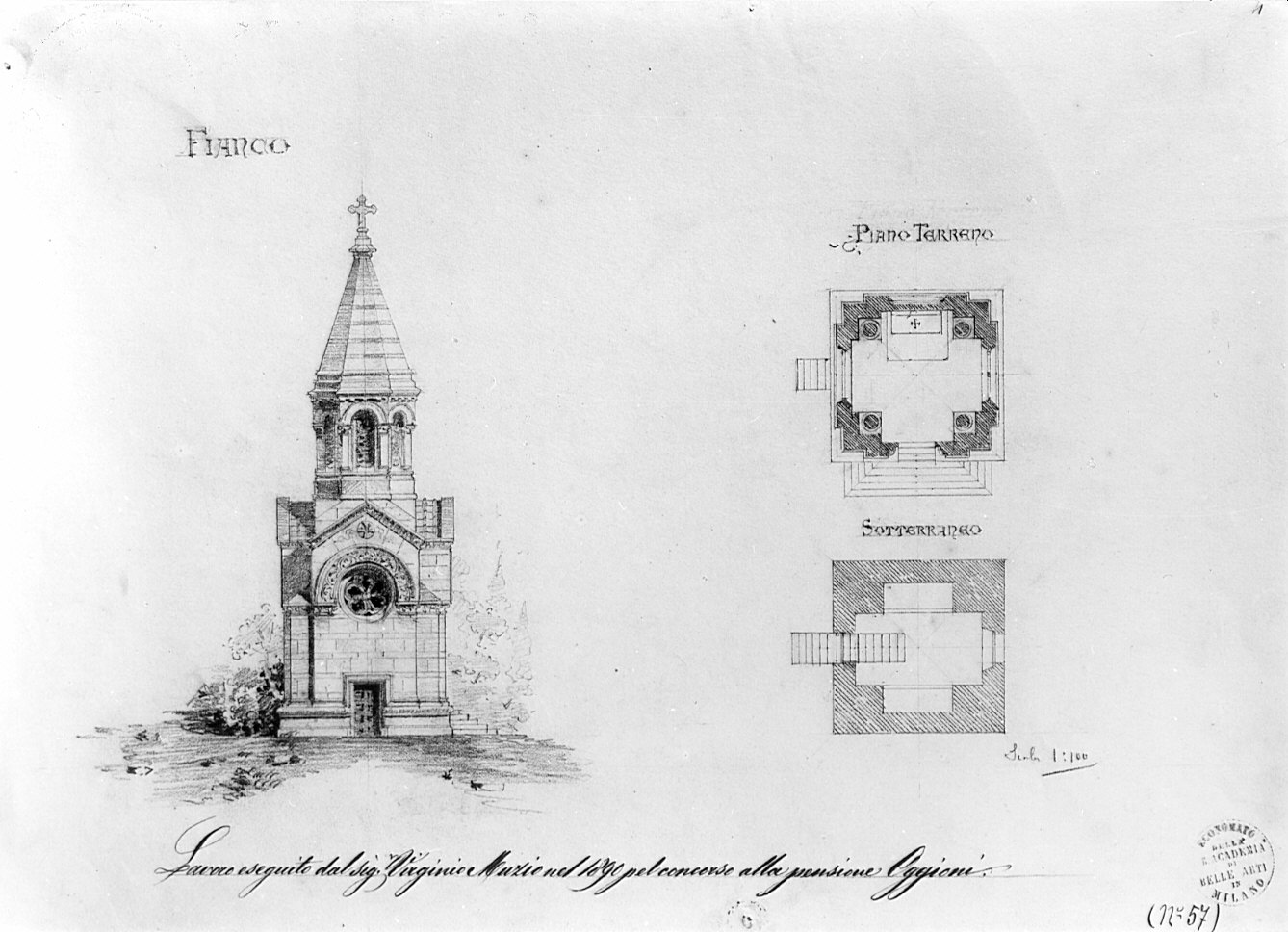 prospetto e pianta, architettura: progetto per cappella funeraria (disegno, opera isolata) di Muzio Virginio (fine sec. XIX)