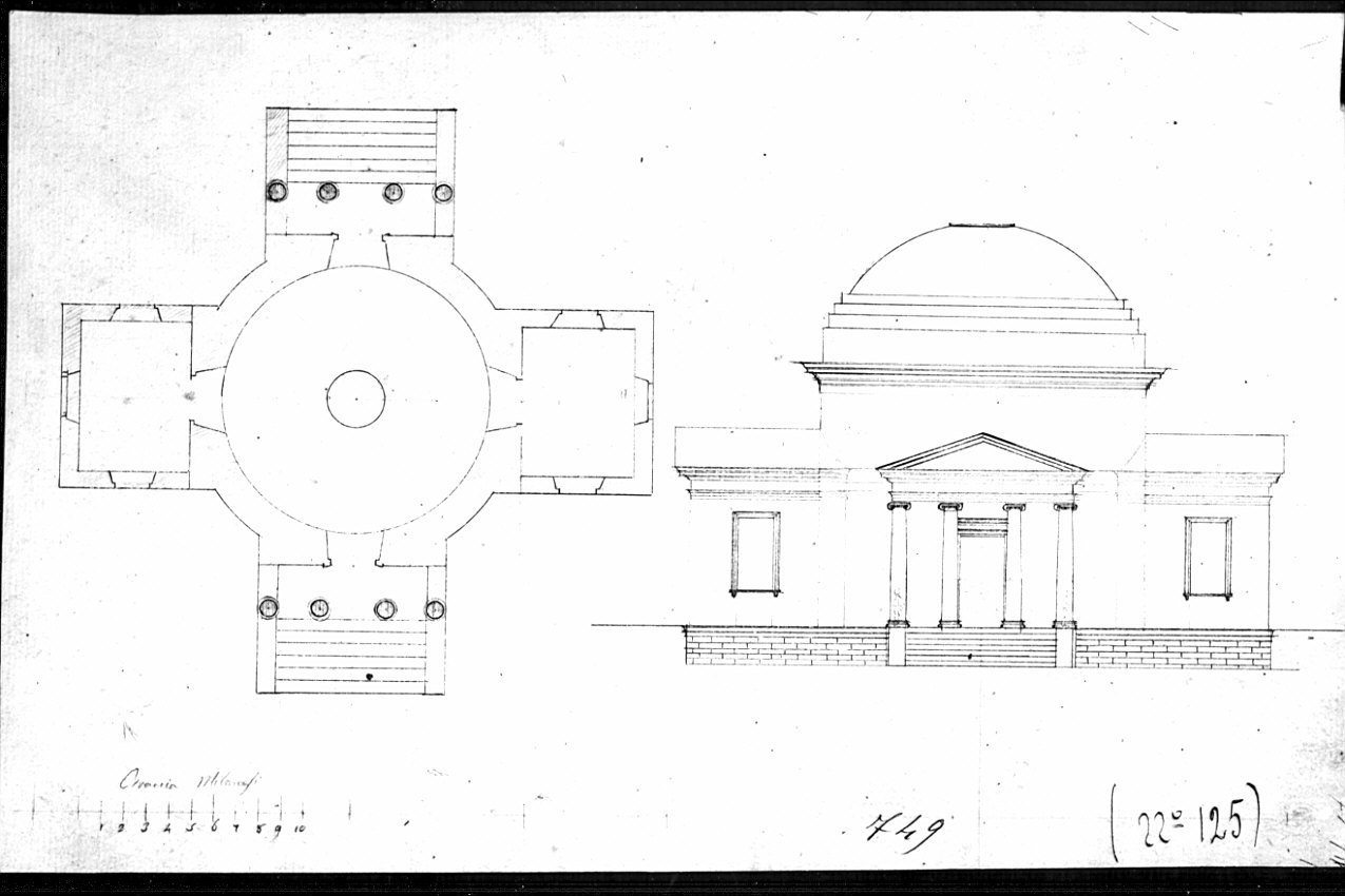 pianta e prospetto, architettura: progetto per edificio centrale (disegno, opera isolata) di Bovara Giuseppe (sec. XIX)