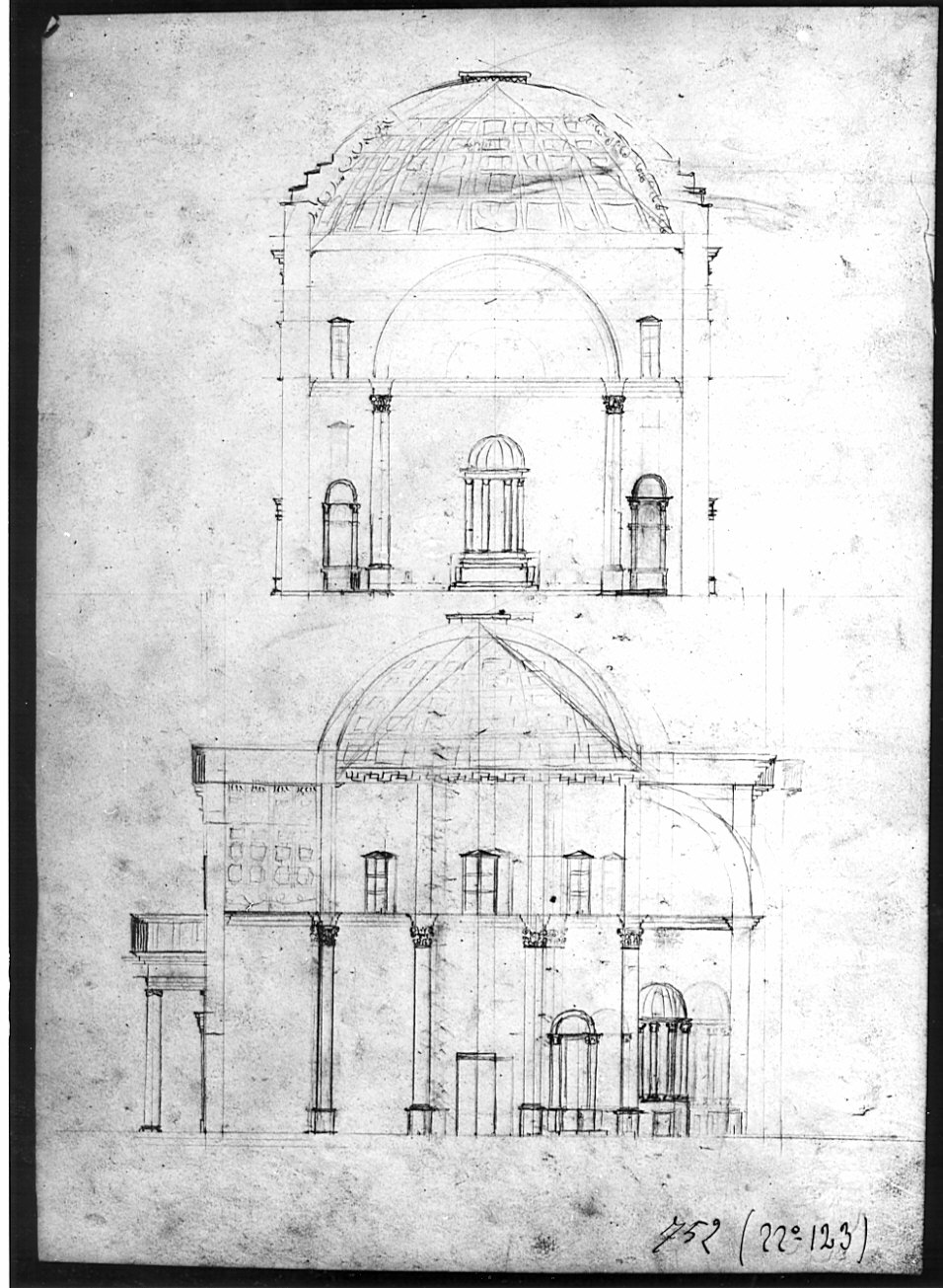 sezioni, architettura: progetto per edificio centrale (disegno, opera isolata) di Bovara Giuseppe (sec. XIX)