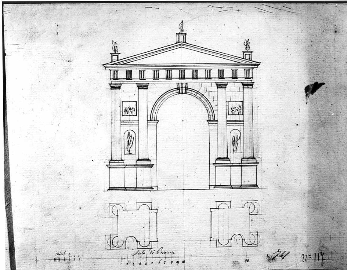 pianta e alzato, architettura: progetto per arco trionfale (disegno, opera isolata) di Bovara Giuseppe (sec. XIX)