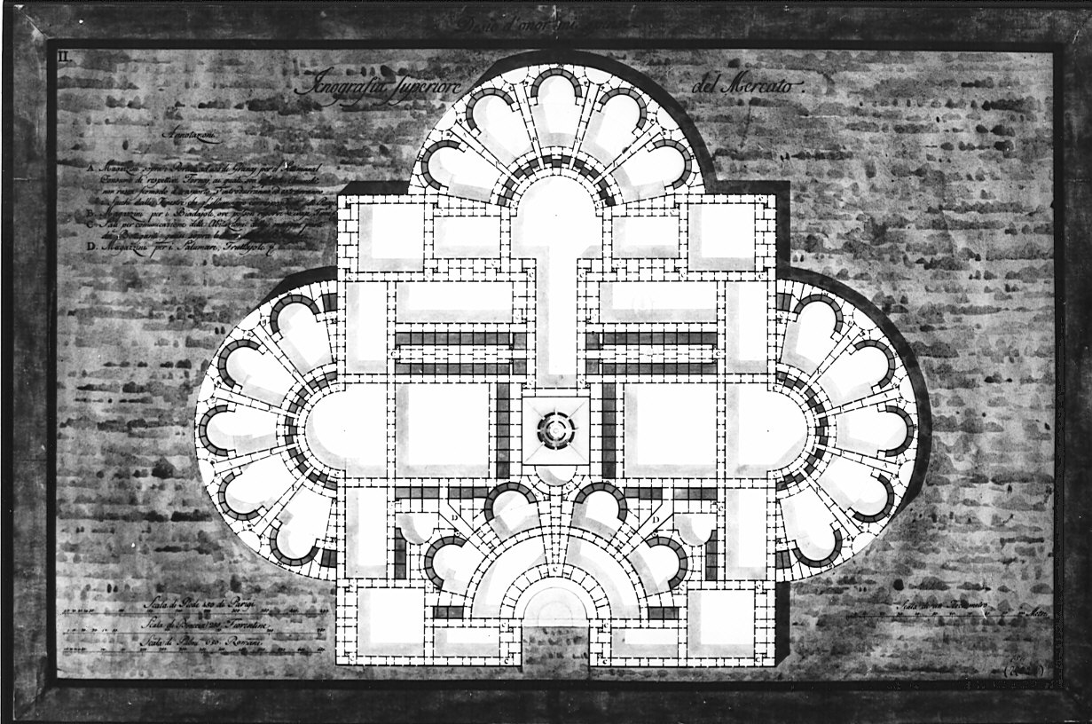 pianta, architettura: progetto per mercato coperto (disegno, opera isolata) - ambito italiano (sec. XIX)