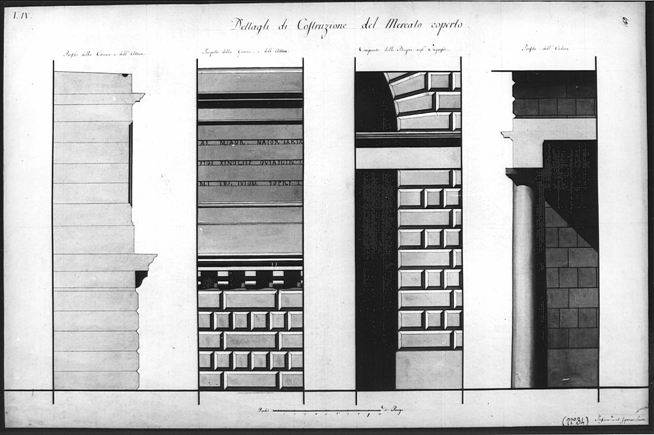 dettagli di costruzione, architettura: progetto per mercato coperto (disegno, opera isolata) - ambito italiano (sec. XIX)