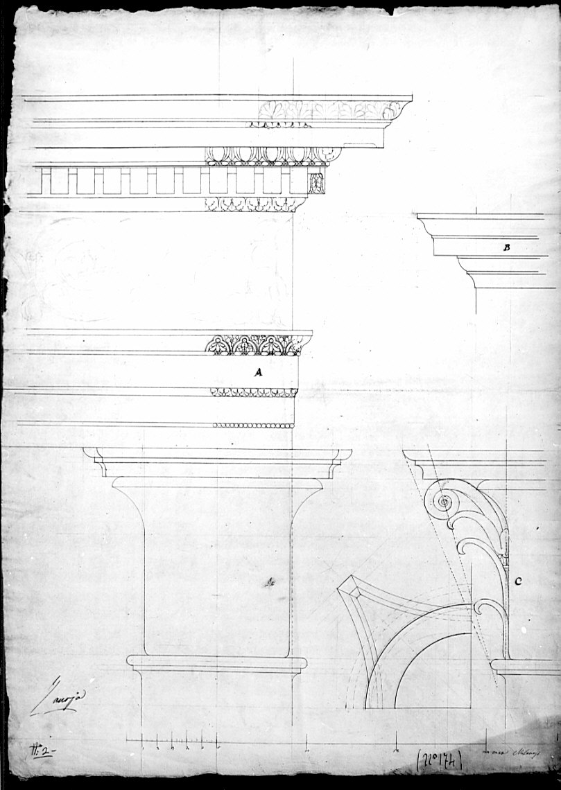 alzato, sezione e profilo, architettura: progetto per trabeazione corinzia (disegno, opera isolata) di Zanoja Giuseppe (sec. XIX)