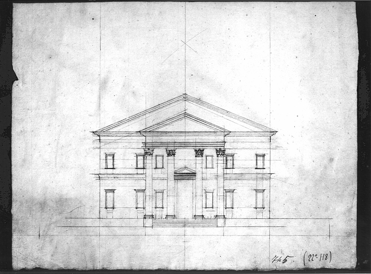 prospetto, architettura: progetto per edificio centrale (disegno, opera isolata) di Bovara Giuseppe (sec. XIX)
