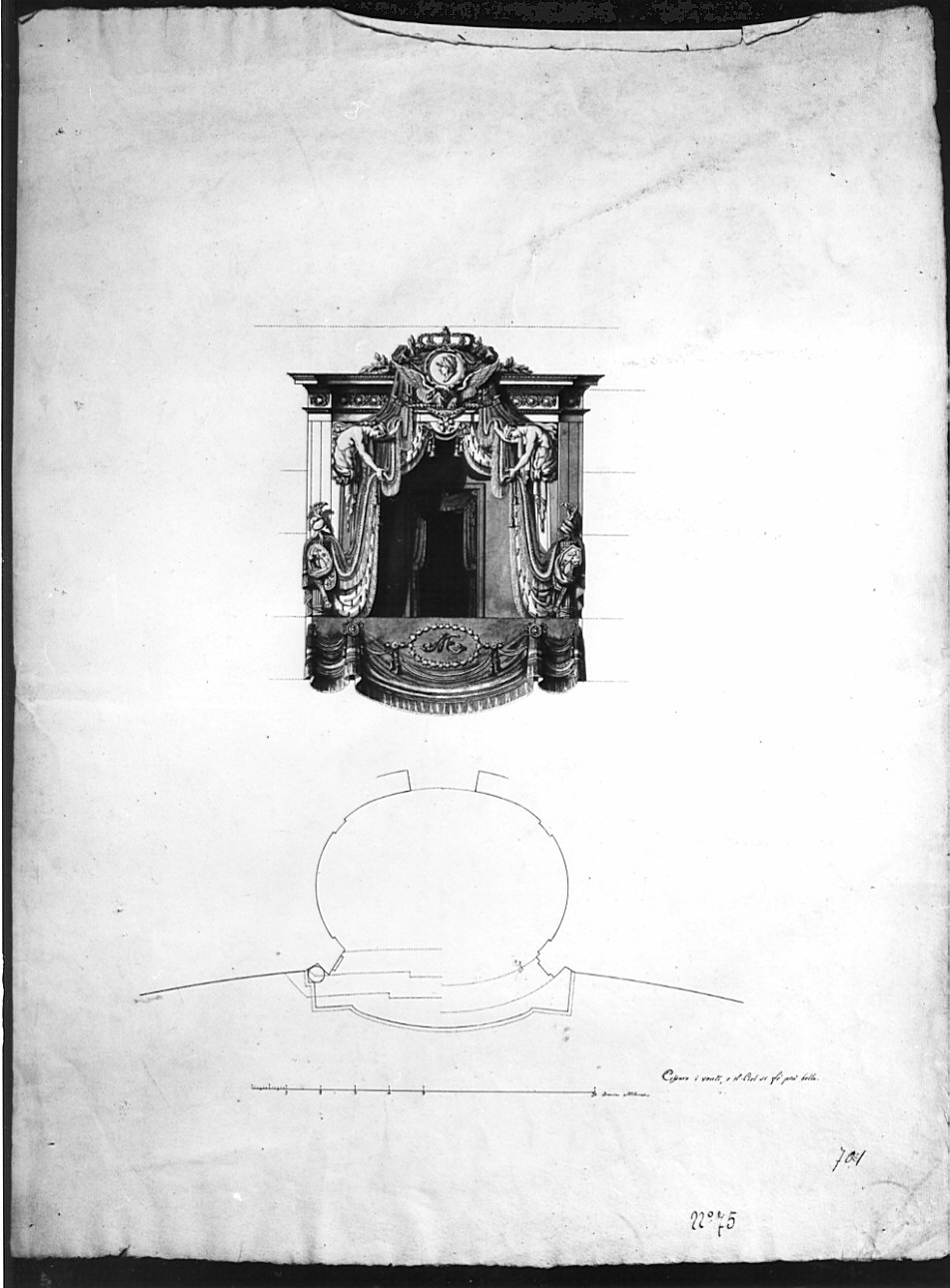 piante e alzati, architettura: progetto per palco reale (disegno, opera isolata) - ambito italiano (sec. XIX)