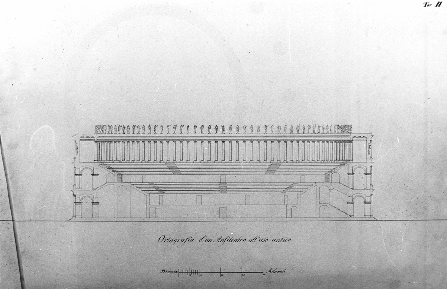 sezione, architettura: progetto per anfiteatro antico (disegno, opera isolata) di Bianchi Pietro (sec. XIX)