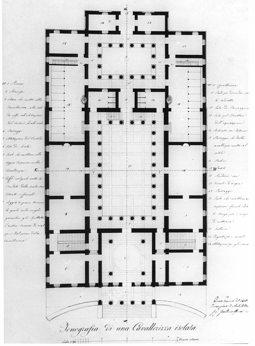 planimetria, architettura: progetto per cavallerizza (disegno, opera isolata) di Clerici Gaetano (sec. XIX)