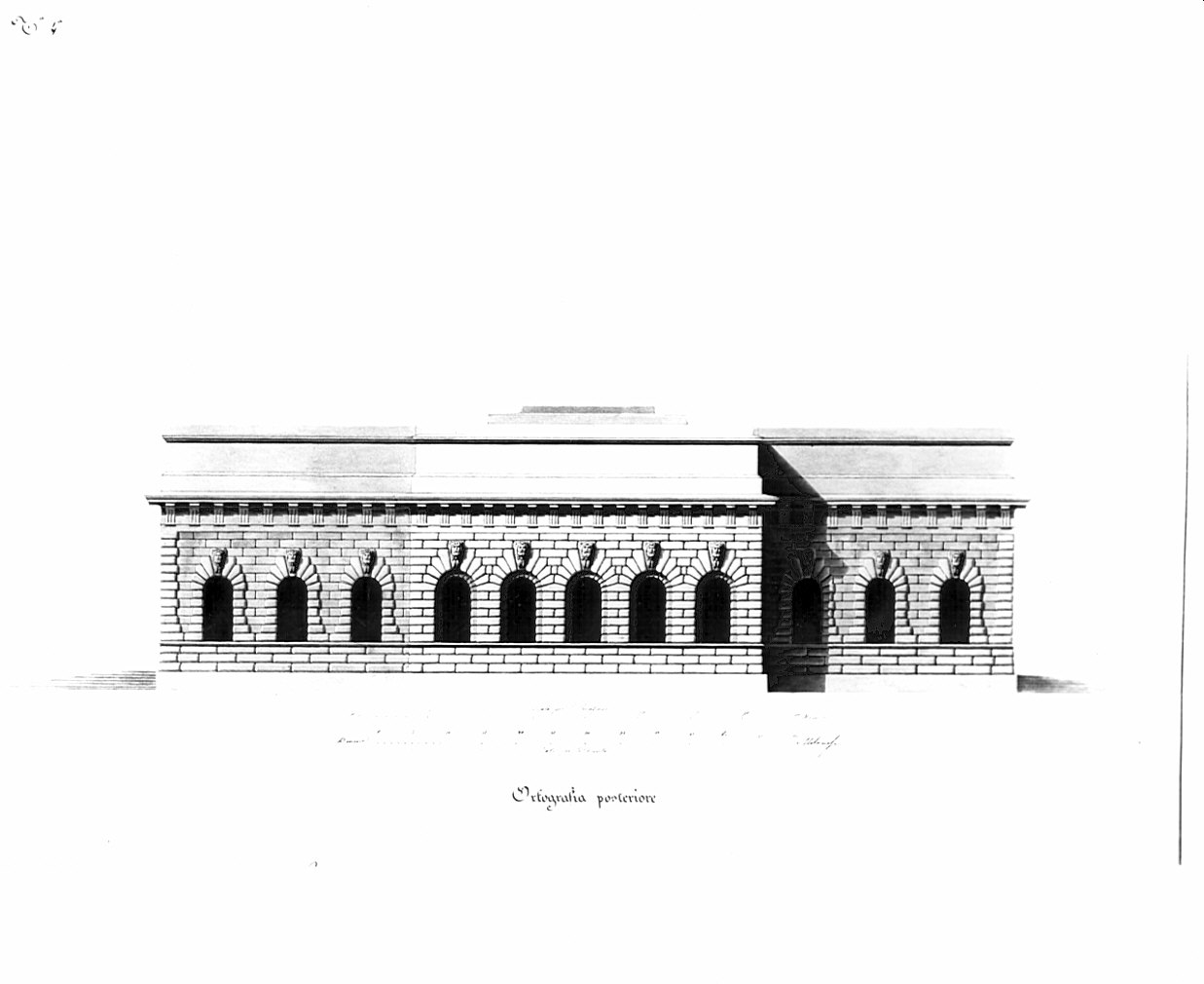 parte posteriore, ortografia, architettura: progetto per caserma (disegno, opera isolata) di Crivelli Ferdinando (sec. XIX)