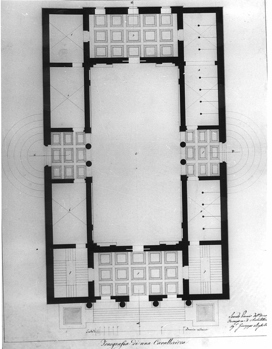 planimetria, architettura: progetto per cavallerizza (disegno, opera isolata) di Righetti Giuseppe (sec. XIX)