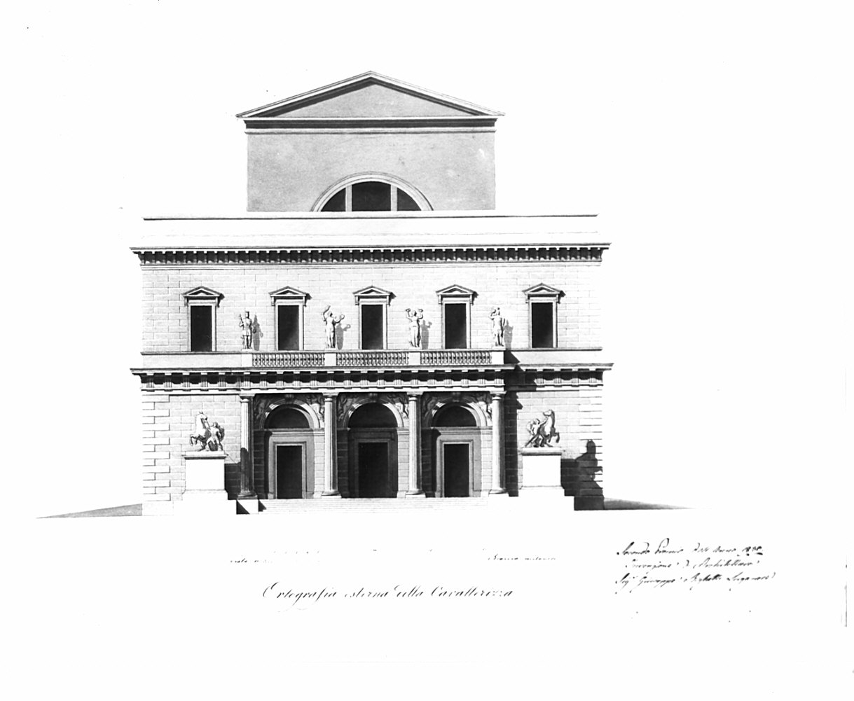 prospetto, architettura: progetto per cavallerizza (disegno, opera isolata) di Righetti Giuseppe (sec. XIX)