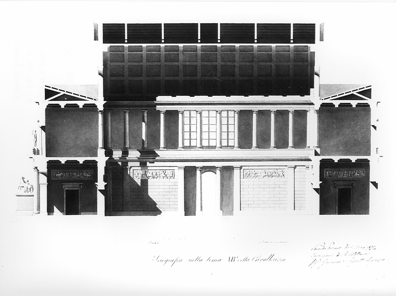 sezione longitudinale, architettura: progetto per cavallerizza (disegno, opera isolata) di Righetti Giuseppe (sec. XIX)