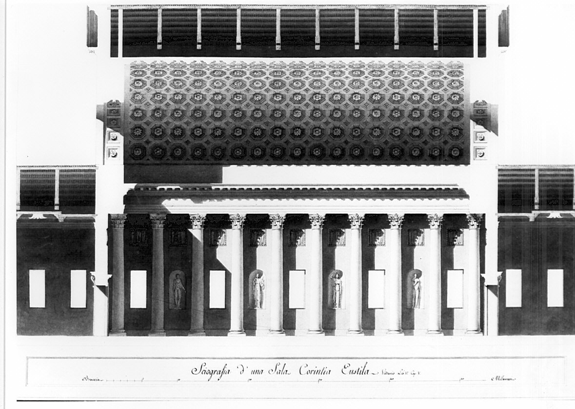 sezione, architettura: ricostruzione di una sala corinzia eustila (disegno, opera isolata) di Rimani Pietro (sec. XIX)