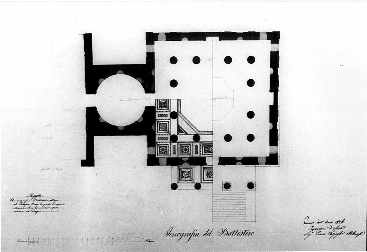 planimetria con particolare dei lacunari, architettura: progetto per Battistero (disegno, opera isolata) di Terzaghi Enrico (sec. XIX)