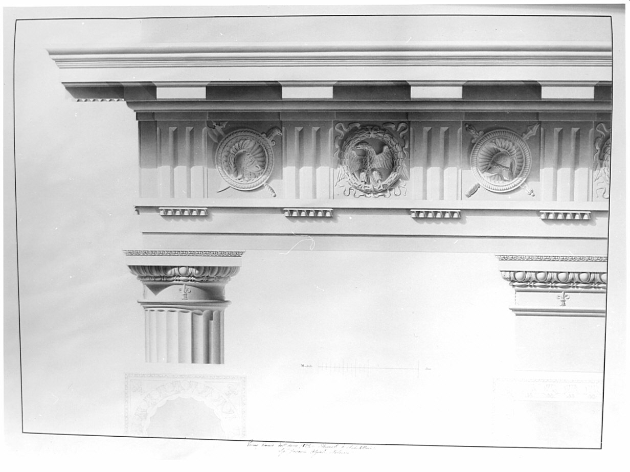 piante e alzati, architettura: rilievo di trabeazione dorica (disegno, opera isolata) di Olgiati Giovanni (sec. XIX)