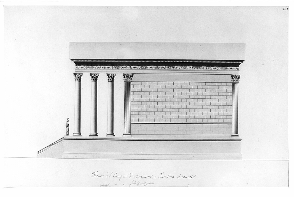 fianco, architettura: progetto di restauro del Tempio di Antonino e Faustina (disegno, opera isolata) di Moraglia Giacomo (sec. XIX)