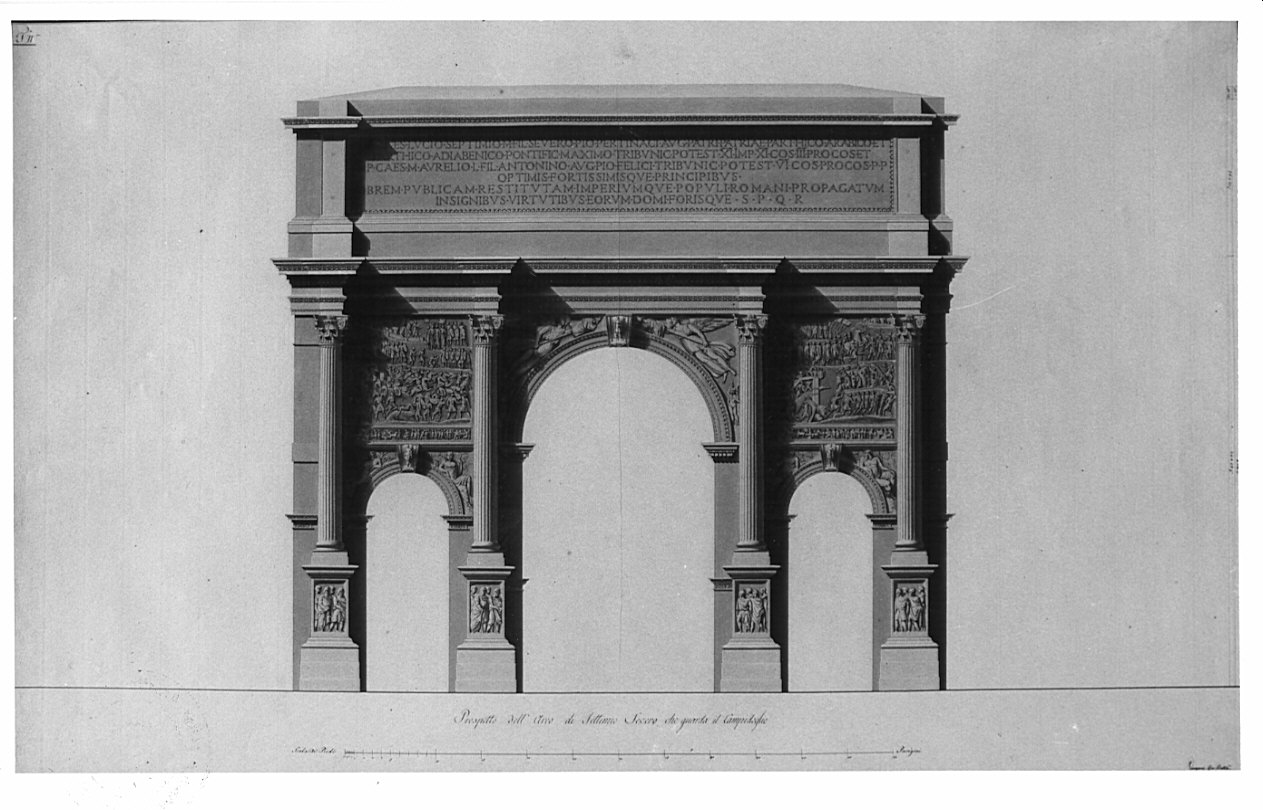 prospetto, architettura: rilievo dell'Arco di Settimio Severo (disegno, opera isolata) di Vergani Giovanni Battista (sec. XIX)