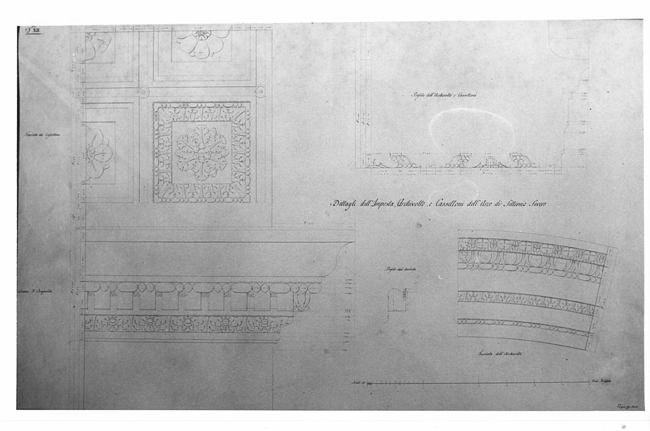 prospetto e sezioni, architettura: progetto di restauro dell'Arco di Settimio Severo (disegno, opera isolata) di Vergani Giovanni Battista (sec. XIX)