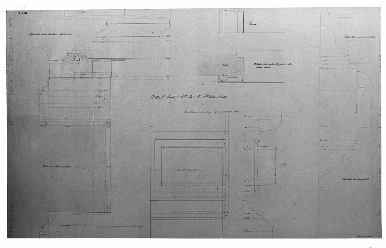 serie di dettagli, architettura: progetto di restauro dell'Arco di Settimio Severo (disegno, opera isolata) di Vergani Giovanni Battista (sec. XIX)