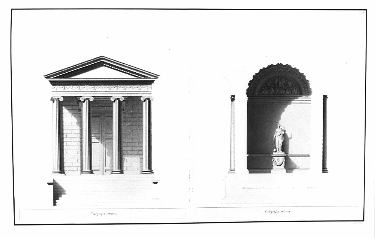 prospetto e sezione, architettura: rilievo del Tempio della Fortuna Virile (disegno, opera isolata) di Besia Gaetano (sec. XIX)
