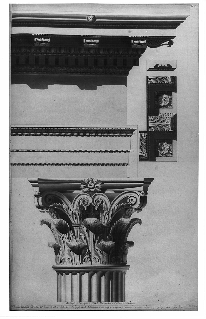alzato, architettura: ricostruzione del Tempio di Marte Vendicatore nel Foro di Nerva (disegno, opera isolata) di Bianconi Giacomo (sec. XIX)