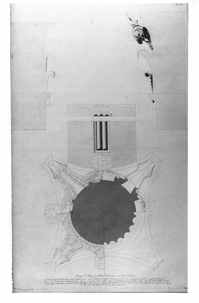 sezione, architettura: ricostruzione del Tempio di Marte Vendicatore nel Foro di Nerva (disegno, opera isolata) di Bianconi Giacomo (sec. XIX)