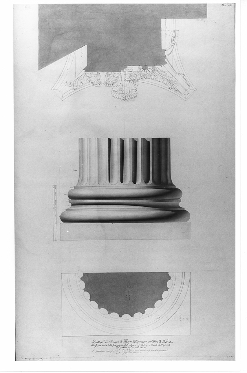 alzato e sezione, architettura: ricostruzione del Tempio di Marte Vendicatore nel Foro di Nerva (disegno, opera isolata) di Bianconi Giacomo (sec. XIX)