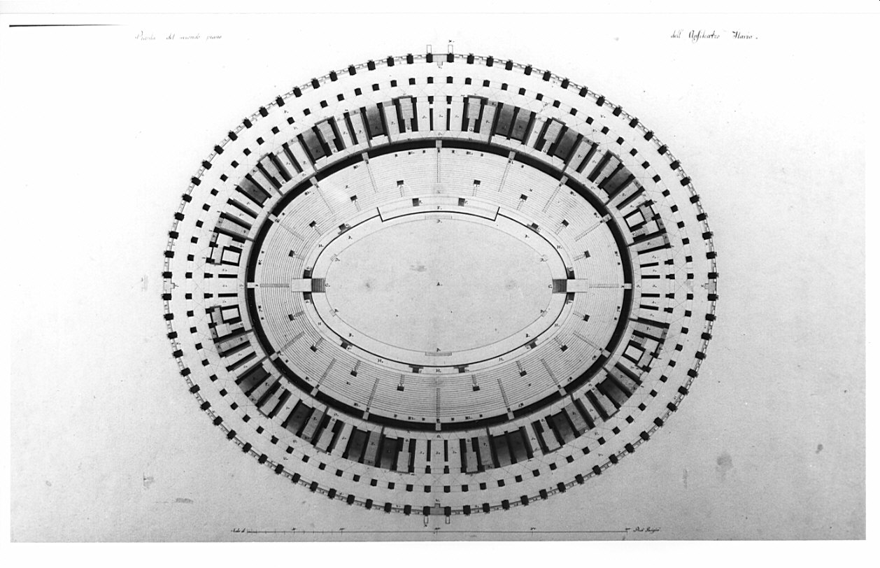 pianta del secondo piano, architettura: progetto di restauro dell'Anfiteatro Flavio (disegno, opera isolata) di Voghera Luigi (sec. XIX)
