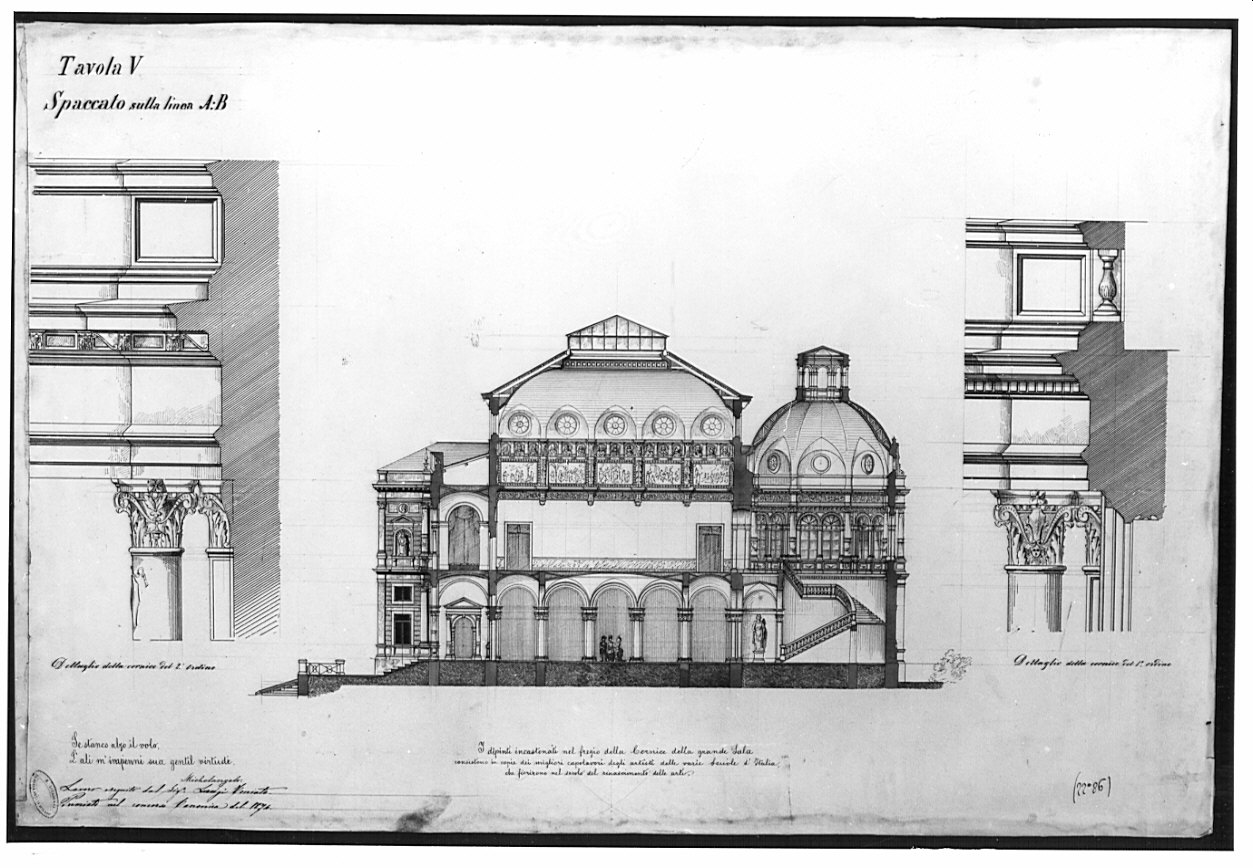sezione e particolari, architettura: progetto per un edificio per esposizioni permanenti di Belle Arti (disegno, opera isolata) di Toniato Luigi (sec. XIX)