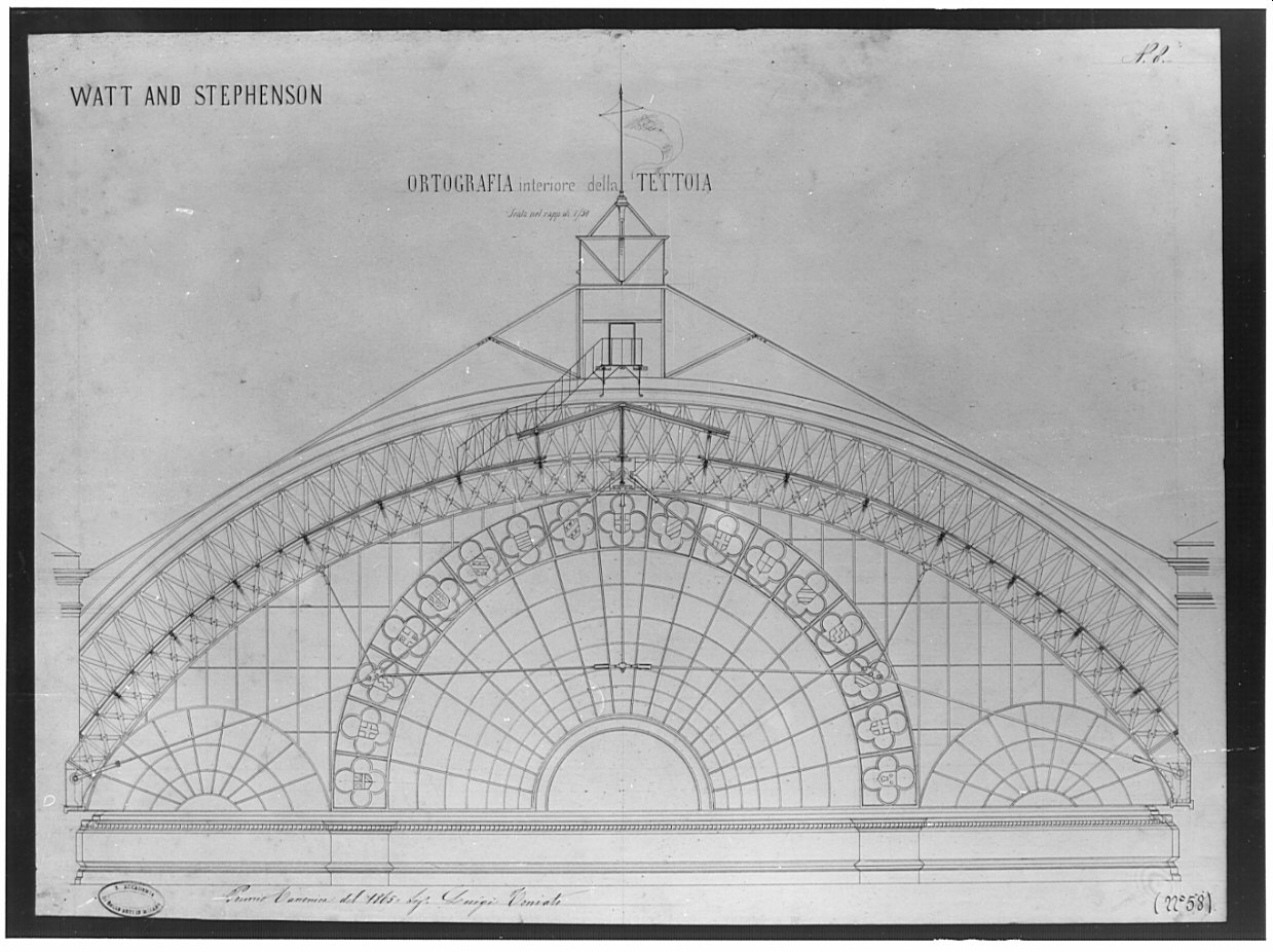prospetto interno della tettoia, architettura: progetto per stazione di prima classe (disegno, opera isolata) di Toniato Luigi (sec. XIX)