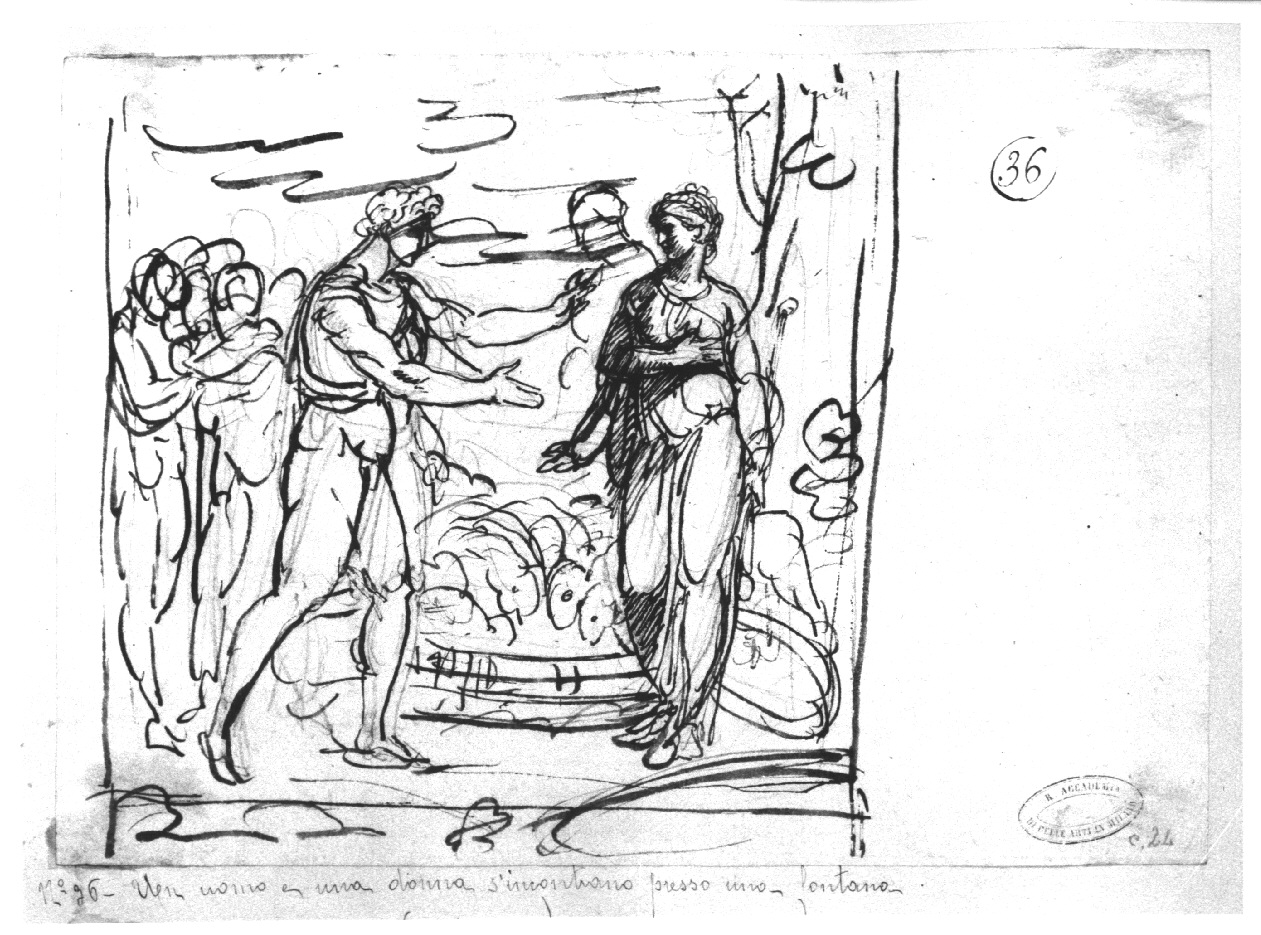 Un uomo e una donna si incontrano presso una fontana, Giacobbe e Rachele al pozzo (disegno, opera isolata) di Appiani Andrea (secc. XVIII/ XIX)